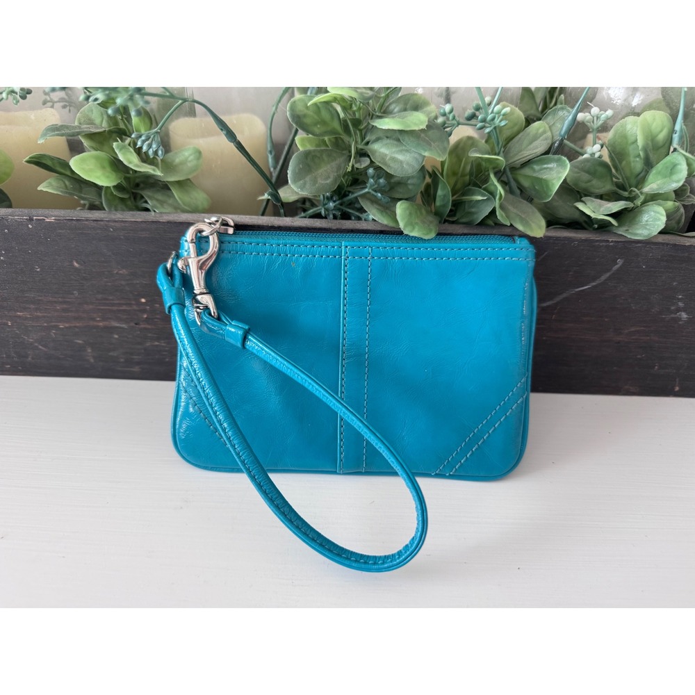 Coach Teal Blue Leather Wristlet Pouch Silver Hardware Zip Top Small Clutch Bag